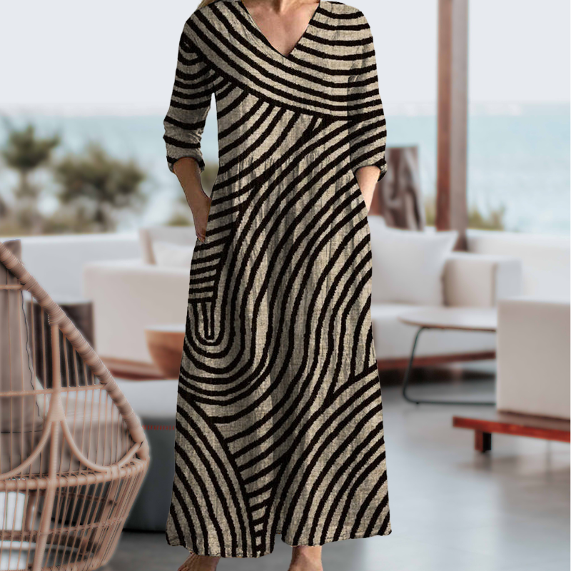 Vintage Stripe Dress with V-Neck, Ankle-Length, Functional Pockets, Lightweight Fabric-3