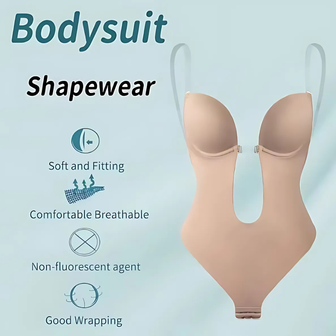 Low-Cut Seamless Black Shapewear Bodysuit with Adjustable Straps and Built-in Bra Pillow for Enhanced Support-3