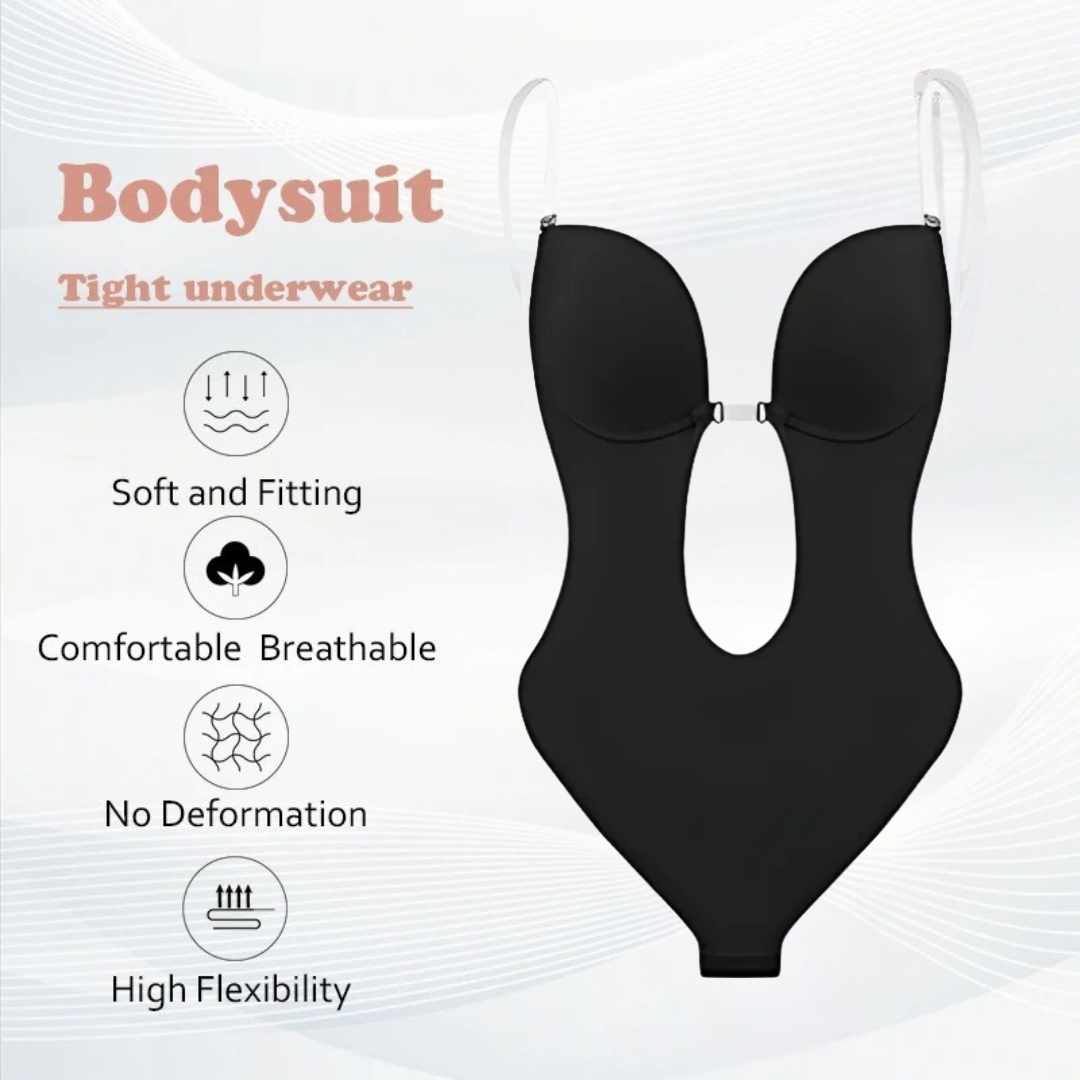 Low-Cut Seamless Black Shapewear Bodysuit with Adjustable Straps and Built-in Bra Pillow for Enhanced Support-5