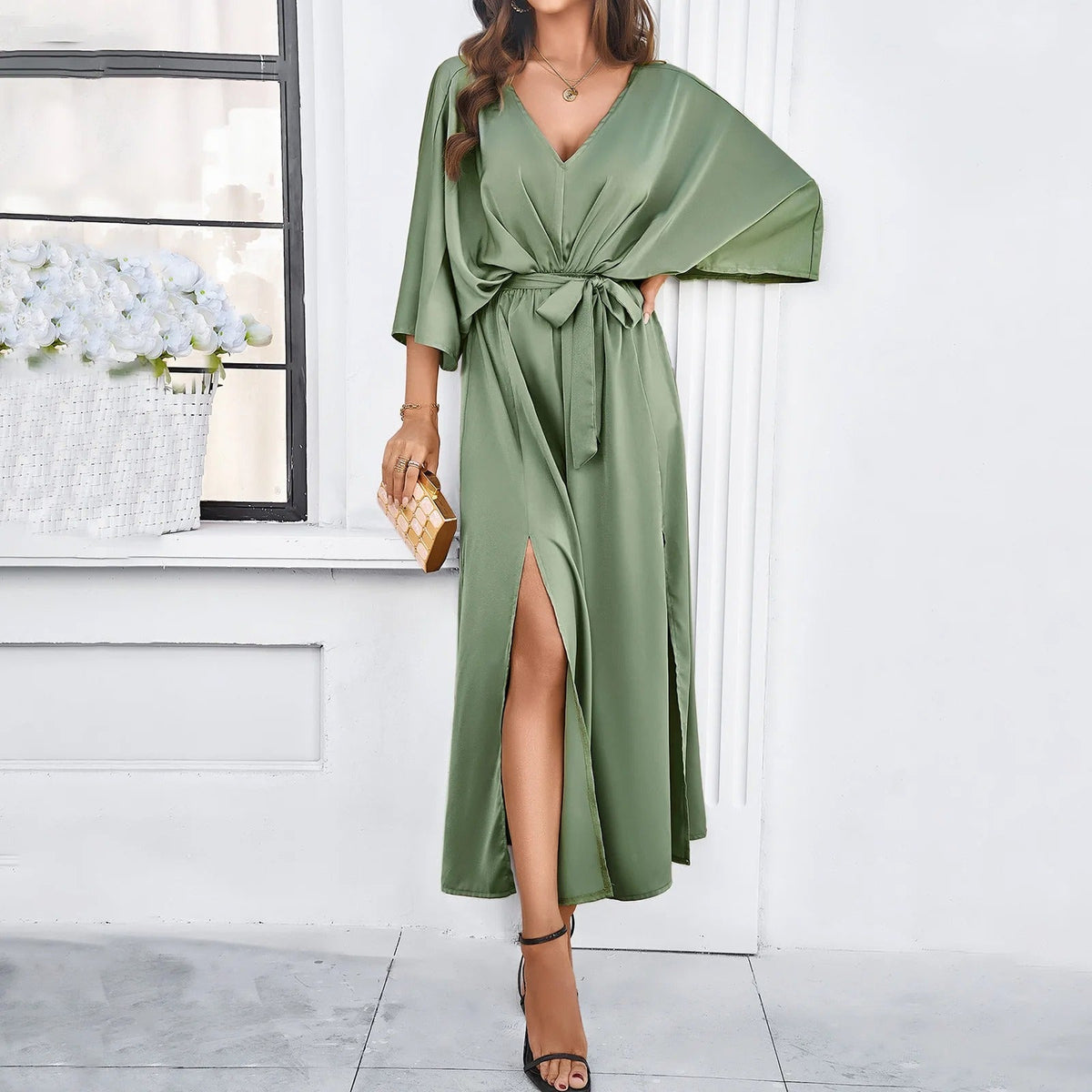 Variant image for Elegant Women's Dress with V Neckline, Lightweight Floral Print Fabric, Flattering Fit for Spring Outings and Events-10