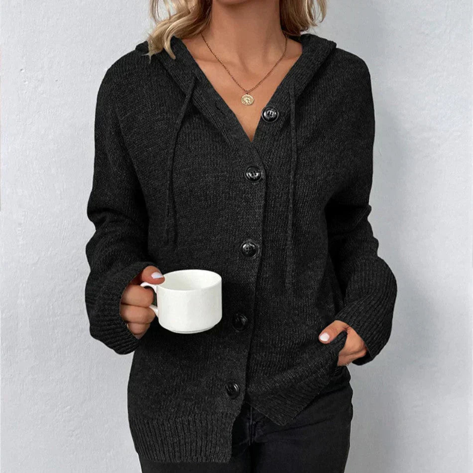Women Oversized Cardigan - Hooded Button, Textured Knit