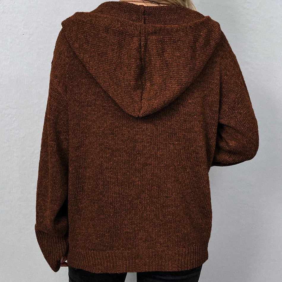 Women Oversized Cardigan - Hooded Button, Textured Knit
