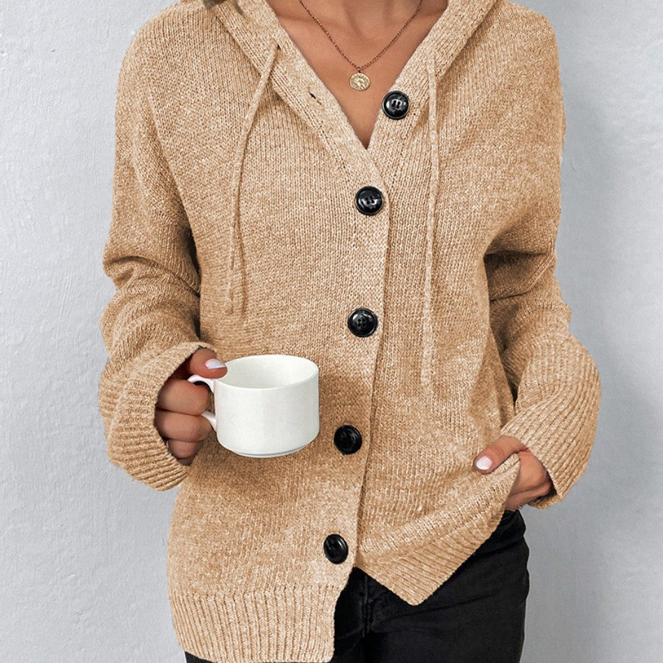 Women Oversized Cardigan - Hooded Button, Textured Knit