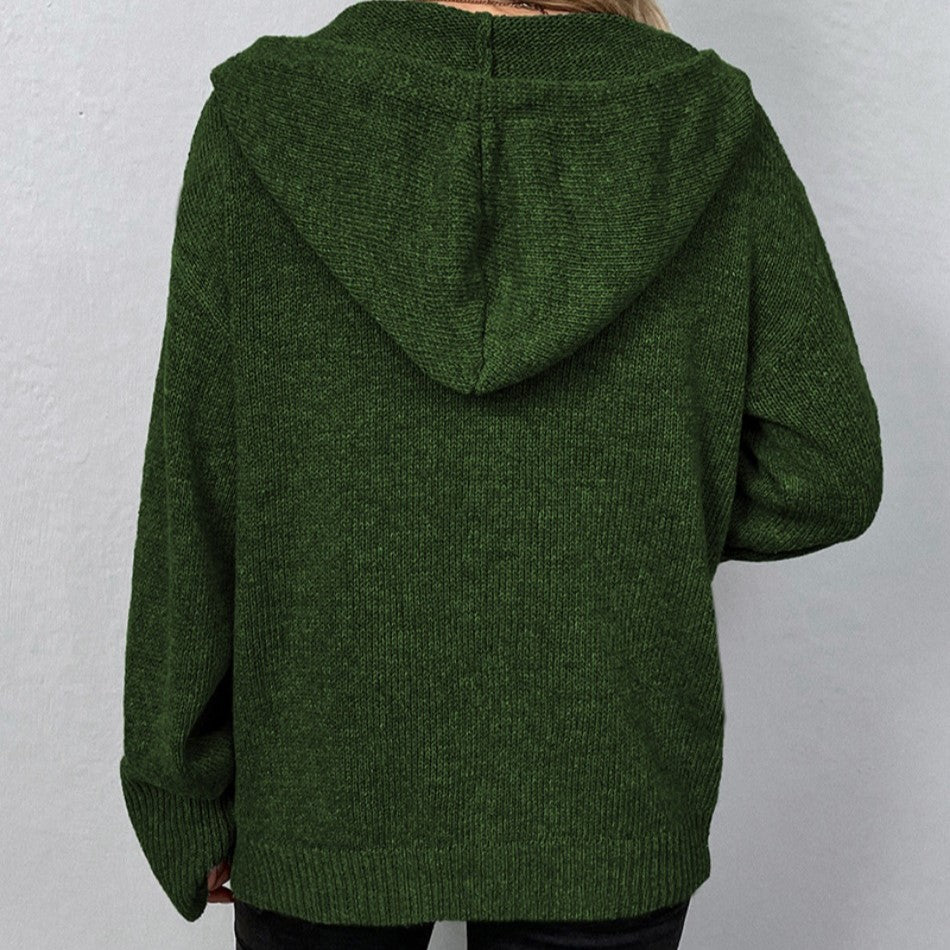 Women Oversized Cardigan - Hooded Button, Textured Knit