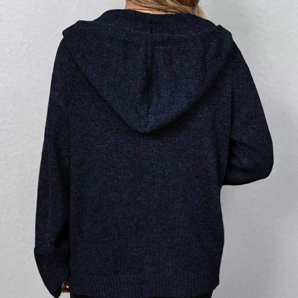 Women Oversized Cardigan - Hooded Button, Textured Knit