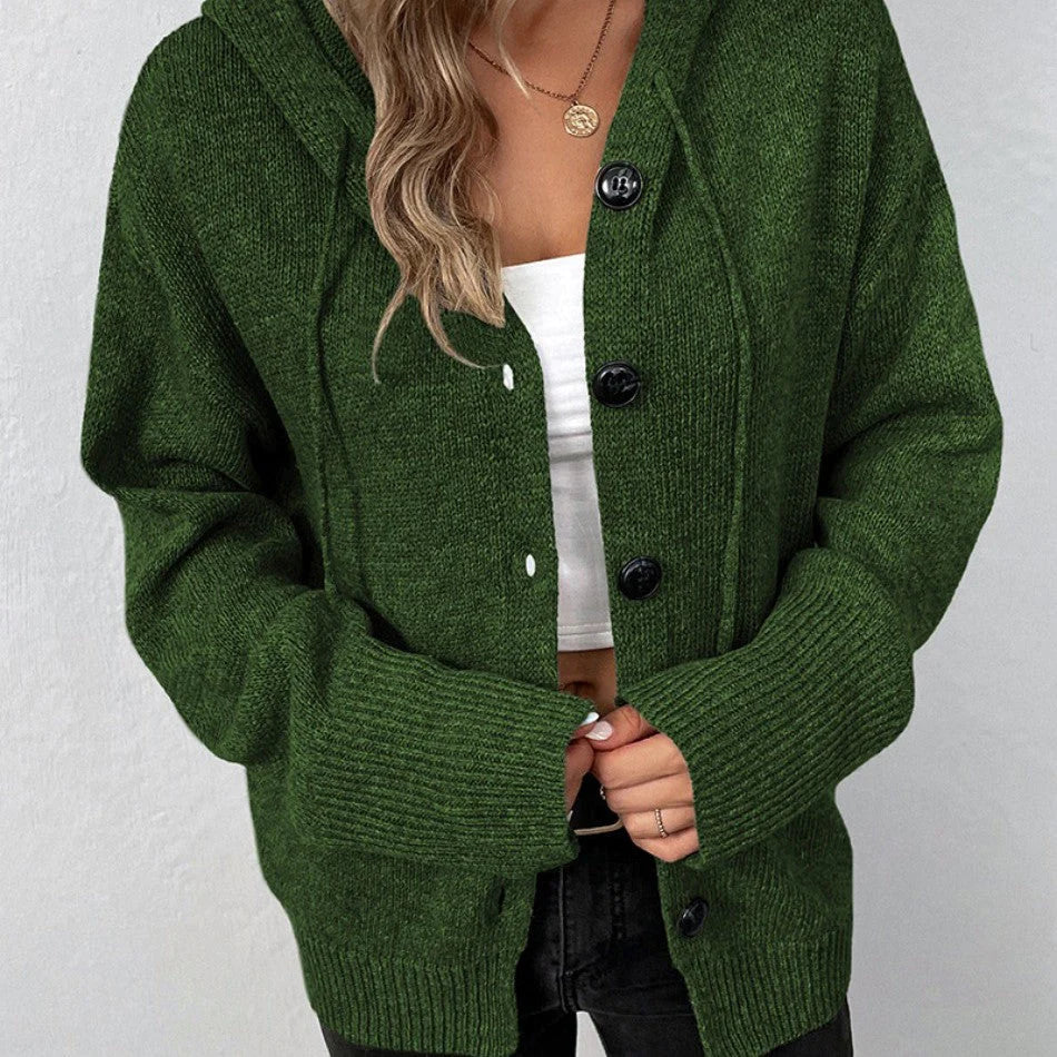 Women Oversized Cardigan - Hooded Button, Textured Knit