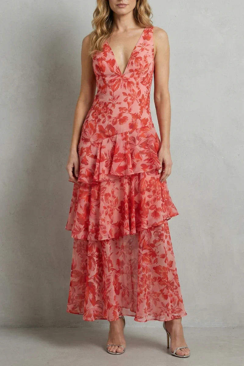plunging neckline, flowy tiered skirt, floral print – Light women's halter dress