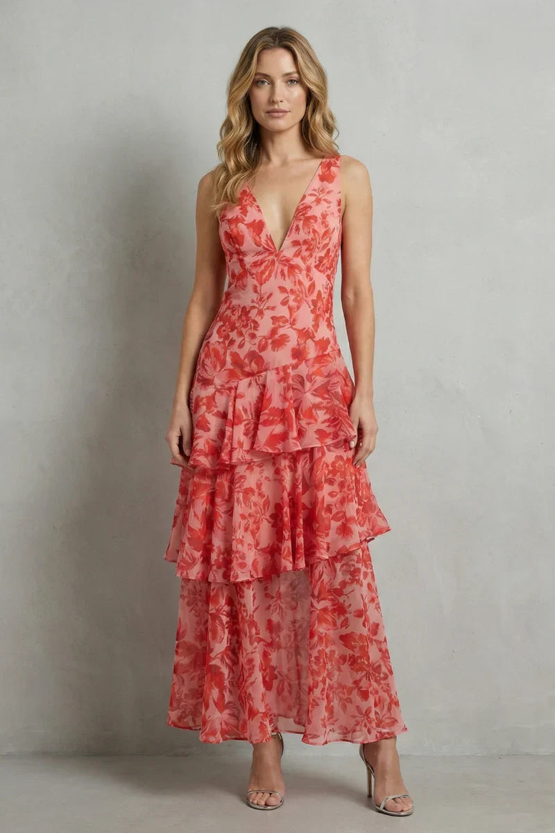 plunging neckline, flowy tiered skirt, floral print – Light women's halter dress