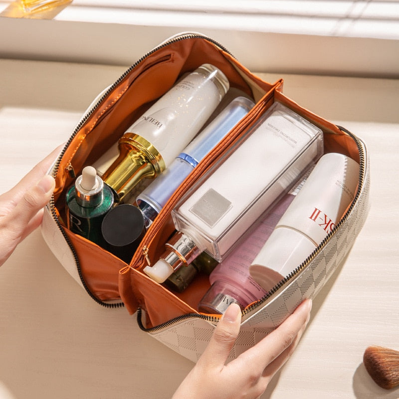 Waterproof women’s travel toiletry bag – spacious plaid design, durable materials, for beauty essentials 1