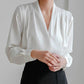 Women's White Puff Sleeve Blouse, V-Neck Elegant Top for Casual and Formal Wear, Breathable Fabric, Available in Blue and Black-2