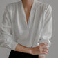 Women's White Puff Sleeve Blouse, V-Neck Elegant Top for Casual and Formal Wear, Breathable Fabric, Available in Blue and Black-4
