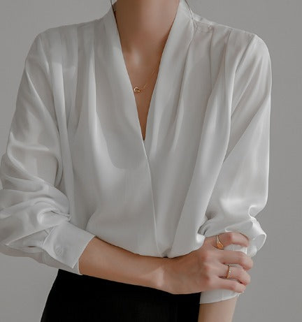 Women's White Puff Sleeve Blouse, V-Neck Elegant Top for Casual and Formal Wear, Breathable Fabric, Available in Blue and Black-4
