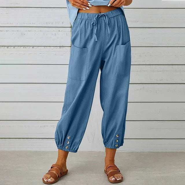 Variant image for Comfortable Casual Capri Pants for Women with Adjustable Drawstring Waist and Functional Pockets in Cotton and Linen-8