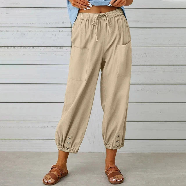 Variant image for Comfortable Casual Capri Pants for Women with Adjustable Drawstring Waist and Functional Pockets in Cotton and Linen-29