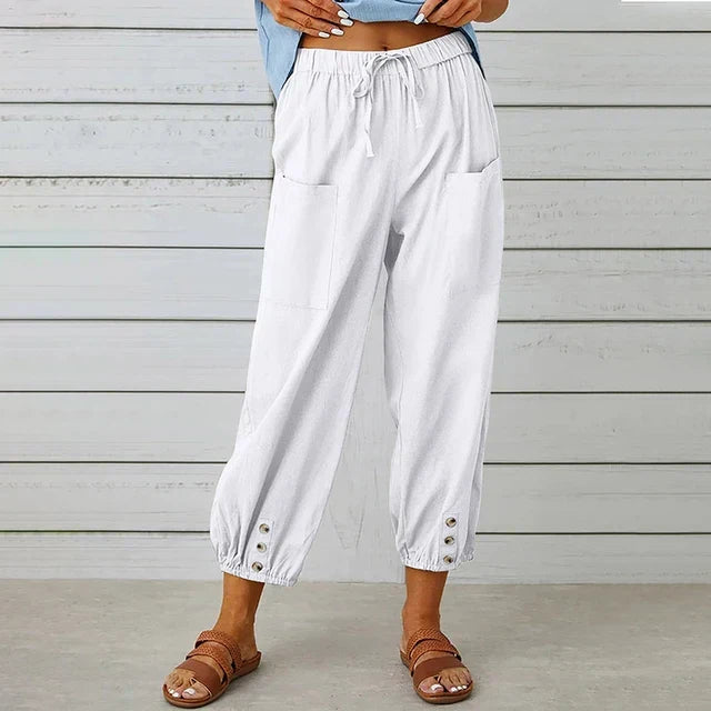 Variant image for Comfortable Casual Capri Pants for Women with Adjustable Drawstring Waist and Functional Pockets in Cotton and Linen-36