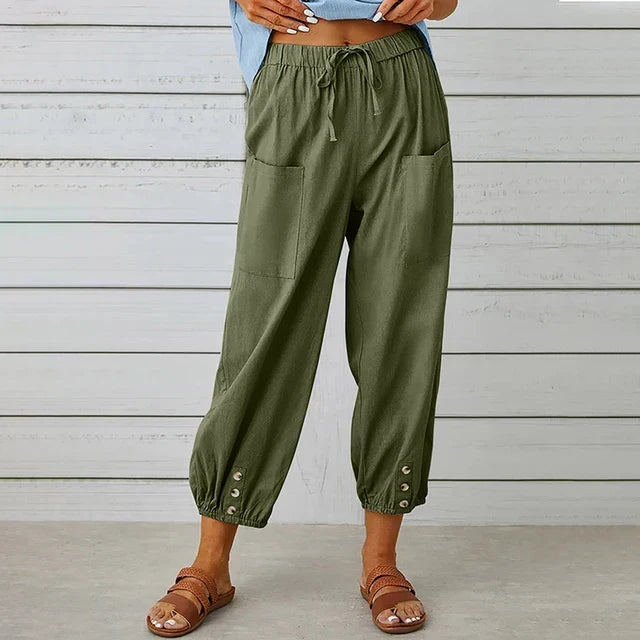 Comfortable Casual Capri Pants for Women with Adjustable Drawstring Waist and Functional Pockets in Cotton and Linen-5