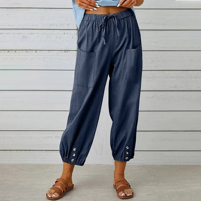 Variant image for Comfortable Casual Capri Pants for Women with Adjustable Drawstring Waist and Functional Pockets in Cotton and Linen-50