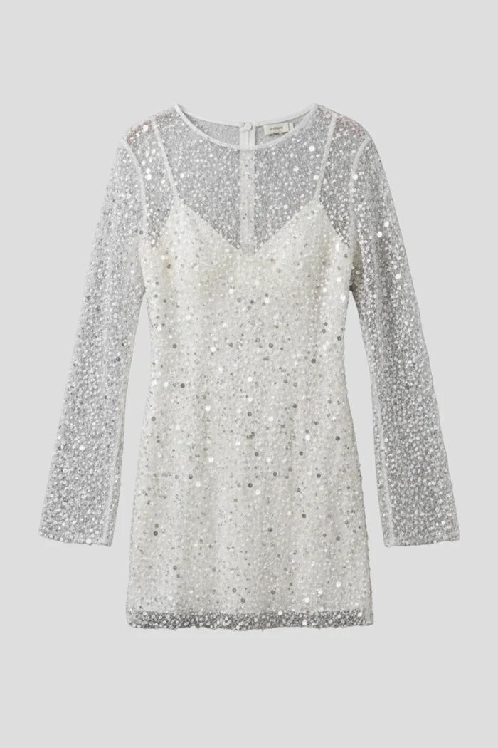 Light women's flattering mini dress - bead-embellished mesh overlay, foam beads, for evening events