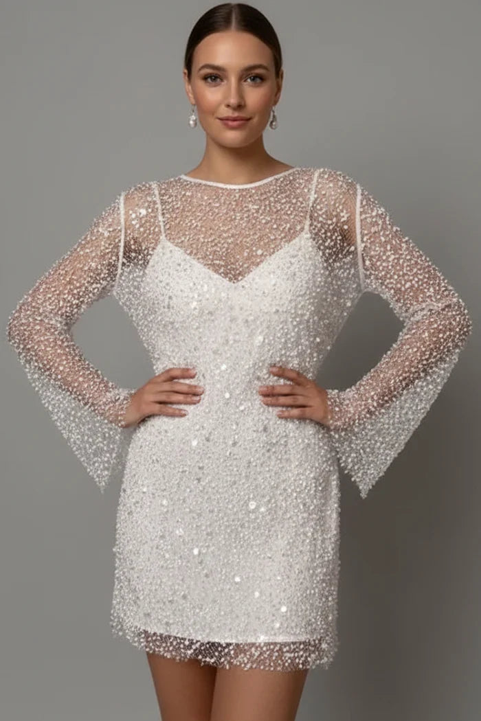 Light women's flattering mini dress - bead-embellished mesh overlay, foam beads, for evening events