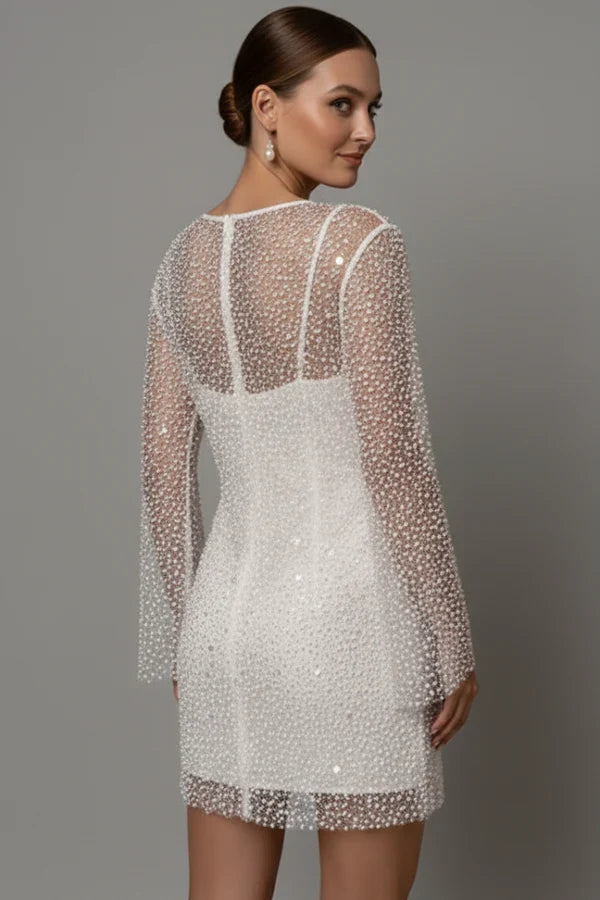 Light women's flattering mini dress - bead-embellished mesh overlay, foam beads, for evening events