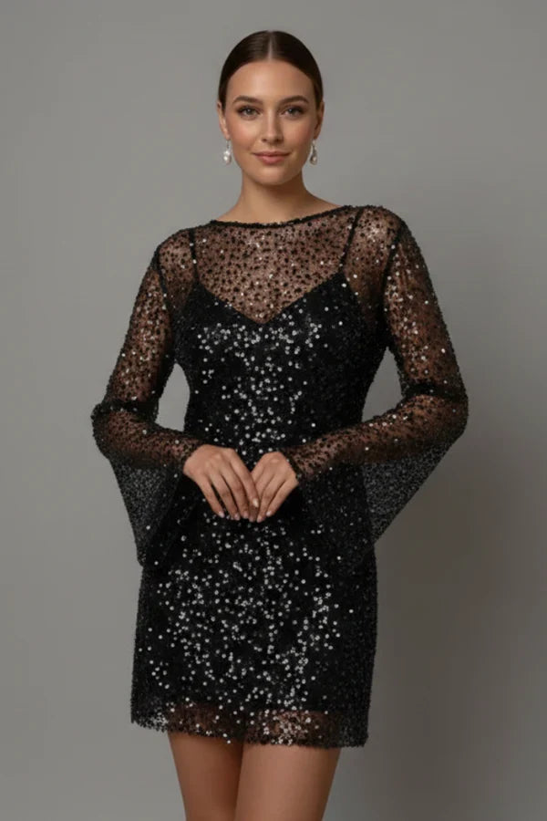 Light women's flattering mini dress - bead-embellished mesh overlay, foam beads, for evening events