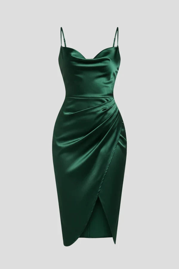 Plush Women's Satin Slip Dress - Flattering Cowl Neck, Spaghetti Straps, Midi-Length, For Evening Events