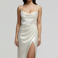 Plush Women's Satin Slip Dress - Flattering Cowl Neck, Spaghetti Straps, Midi-Length, For Evening Events