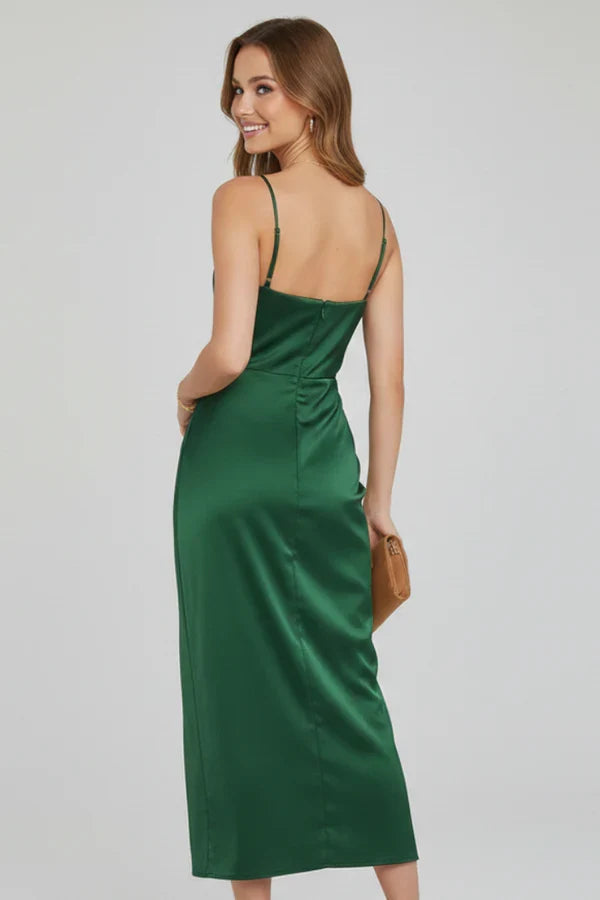 Plush Women's Satin Slip Dress - Flattering Cowl Neck, Spaghetti Straps, Midi-Length, For Evening Events