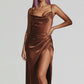 Plush Women's Satin Slip Dress - Flattering Cowl Neck, Spaghetti Straps, Midi-Length, For Evening Events