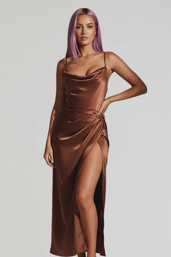 Plush Women's Satin Slip Dress - Flattering Cowl Neck, Spaghetti Straps, Midi-Length, For Evening Events