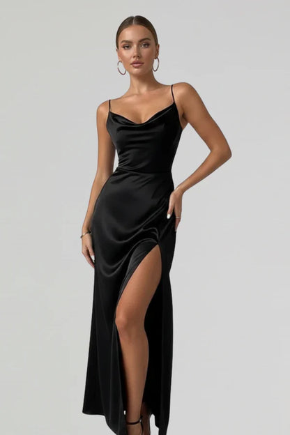 Plush Women's Satin Slip Dress - Flattering Cowl Neck, Spaghetti Straps, Midi-Length, For Evening Events