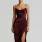 Plush Women's Satin Slip Dress - Flattering Cowl Neck, Spaghetti Straps, Midi-Length, For Evening Events