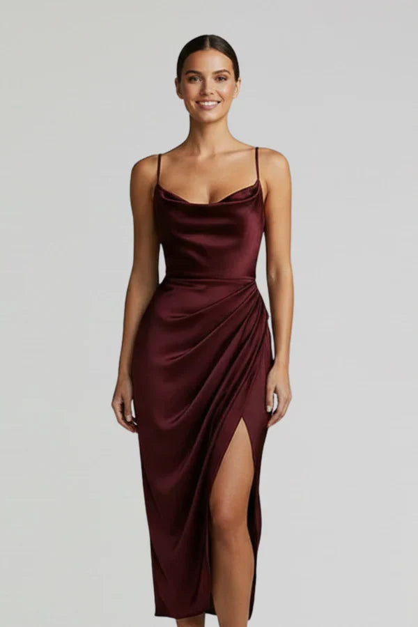 Plush Women's Satin Slip Dress - Flattering Cowl Neck, Spaghetti Straps, Midi-Length, For Evening Events