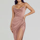 Plush Women's Satin Slip Dress - Flattering Cowl Neck, Spaghetti Straps, Midi-Length, For Evening Events