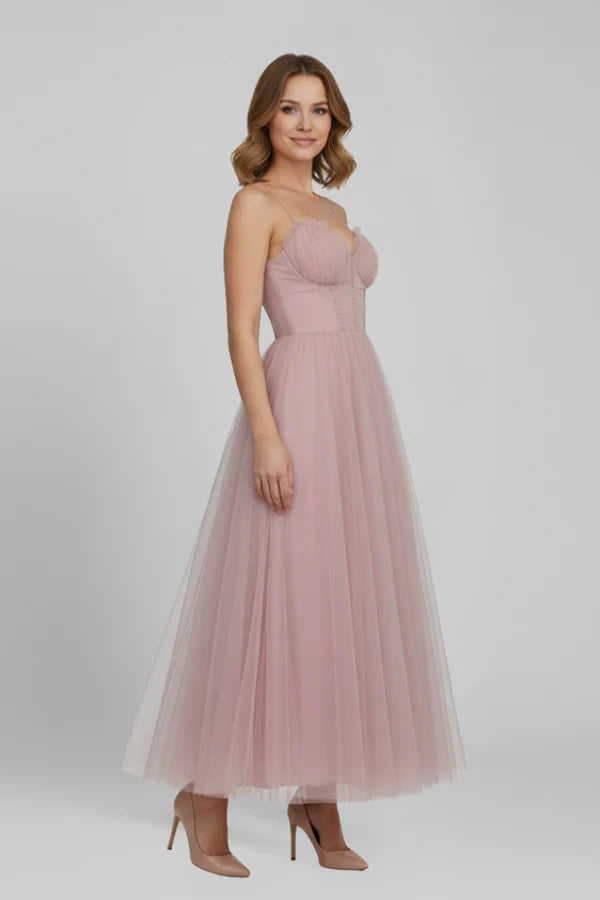 Plush flattering women's camisole dress - corset bodice, mid-length skirt, mesh, for evening