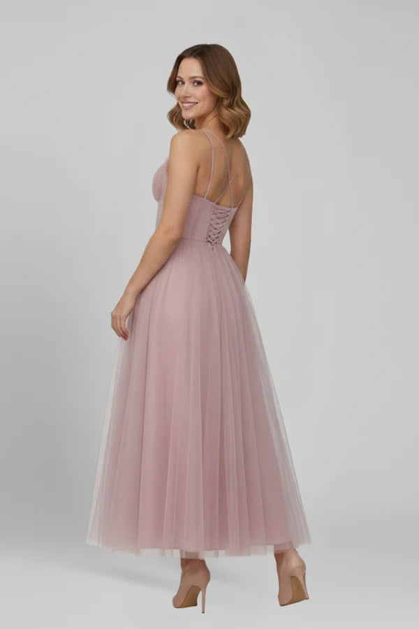 Plush flattering women's camisole dress - corset bodice, mid-length skirt, mesh, for evening