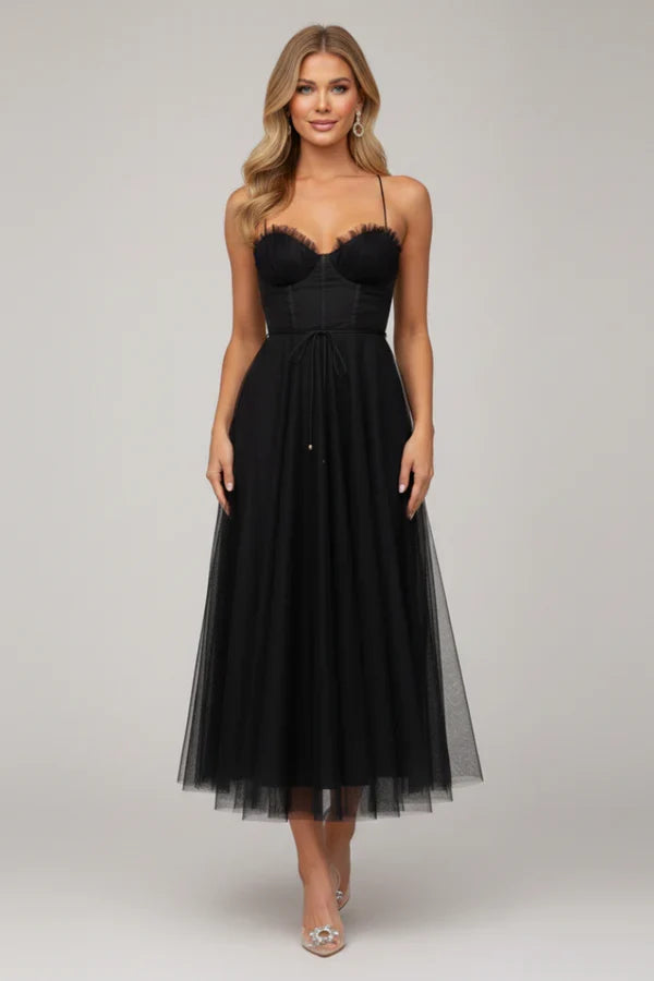 Plush flattering women's camisole dress - corset bodice, mid-length skirt, mesh, for evening