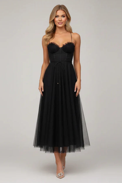 Plush flattering women's camisole dress - corset bodice, mid-length skirt, mesh, for evening