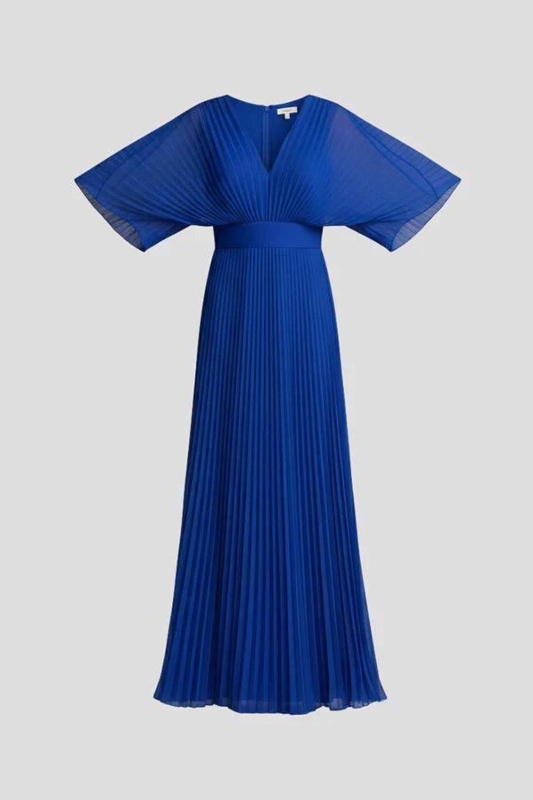 Flowy Women's Dress - V-Neck Bat-Sleeve High-Waist, Light Polyester, Casual Daywear