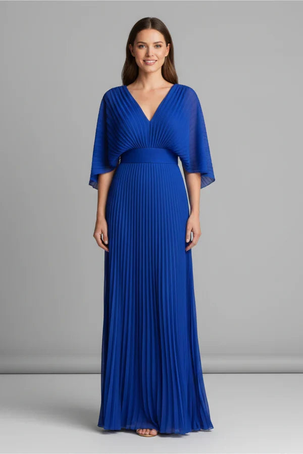 Flowy Women's Dress - V-Neck Bat-Sleeve High-Waist, Light Polyester, Casual Daywear