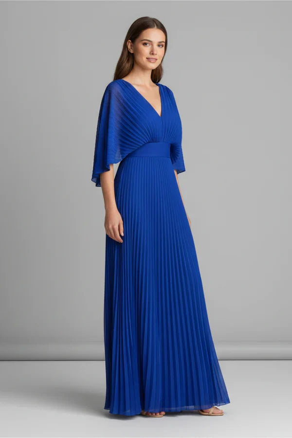 Flowy Women's Dress - V-Neck Bat-Sleeve High-Waist, Light Polyester, Casual Daywear