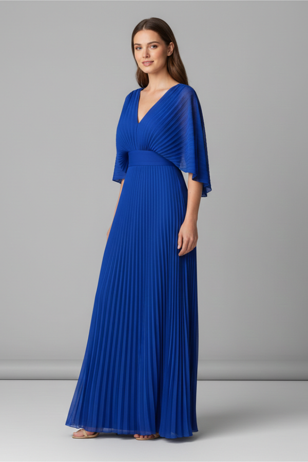 Flowy Women's Dress - V-Neck Bat-Sleeve High-Waist, Light Polyester, Casual Daywear