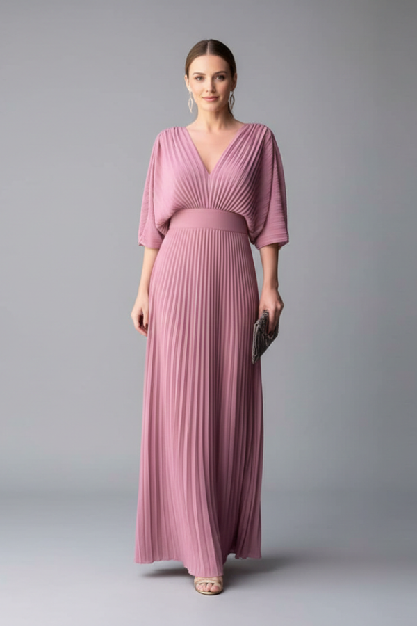 Flowy Women's Dress - V-Neck Bat-Sleeve High-Waist, Light Polyester, Casual Daywear