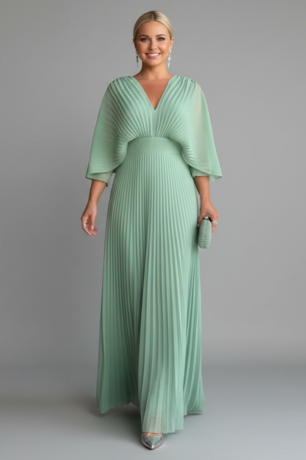 Flowy Women's Dress - V-Neck Bat-Sleeve High-Waist, Light Polyester, Casual Daywear