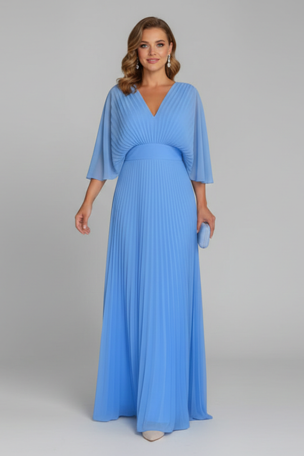 Flowy Women's Dress - V-Neck Bat-Sleeve High-Waist, Light Polyester, Casual Daywear