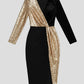 Flattering Fitted Women’s Dress - V-Neck Wrap-Waist, Sequined Panel, Eveningwear