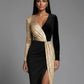 Flattering Fitted Women’s Dress - V-Neck Wrap-Waist, Sequined Panel, Eveningwear