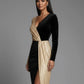 Flattering Fitted Women’s Dress - V-Neck Wrap-Waist, Sequined Panel, Eveningwear