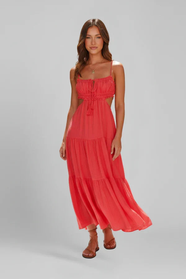Light Flattering Women's Maxi Dress - Smocked Bodice, Tiered Swing Skirt, Plush Fabric, Casual Wear