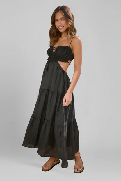 Light Flattering Women's Maxi Dress - Smocked Bodice, Tiered Swing Skirt, Plush Fabric, Casual Wear